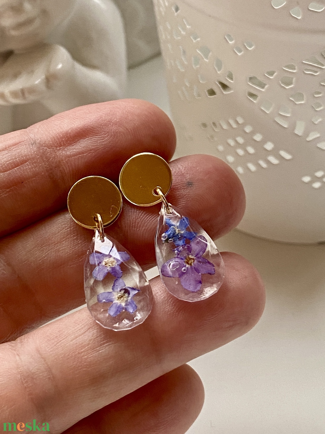 Nefelejcses kör és csepp forma,epoxi gyanta fülbevaló - ékszer - fülbevaló - lógó fülbevaló - Meska.hu