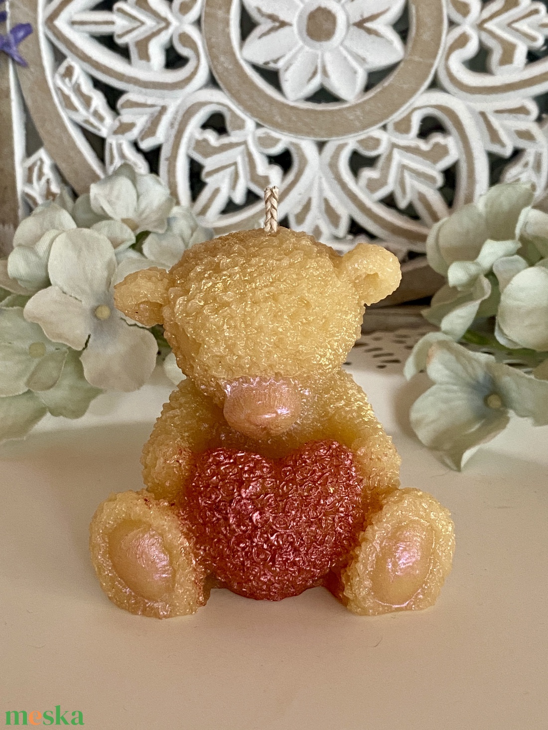 Méhviasz gyertya-Teddy maci pink szívvel - esküvő - dekoráció - gyertya & gyertyatartó - Meska.hu
