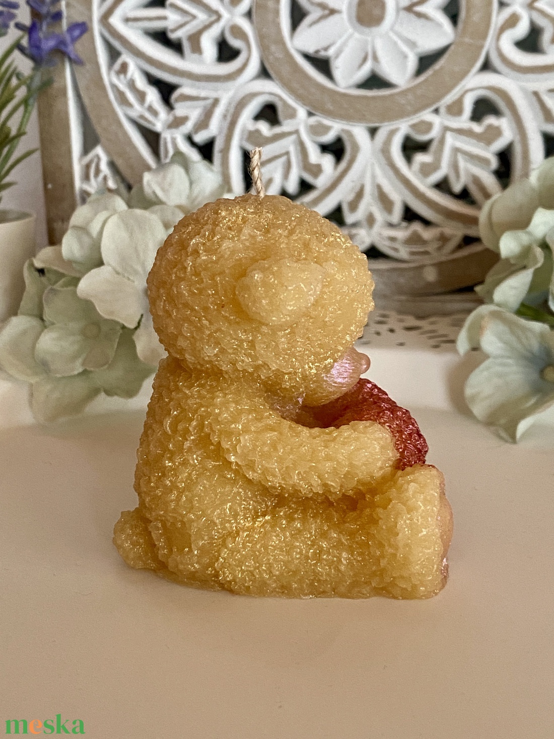 Méhviasz gyertya-Teddy maci pink szívvel - esküvő - dekoráció - gyertya & gyertyatartó - Meska.hu