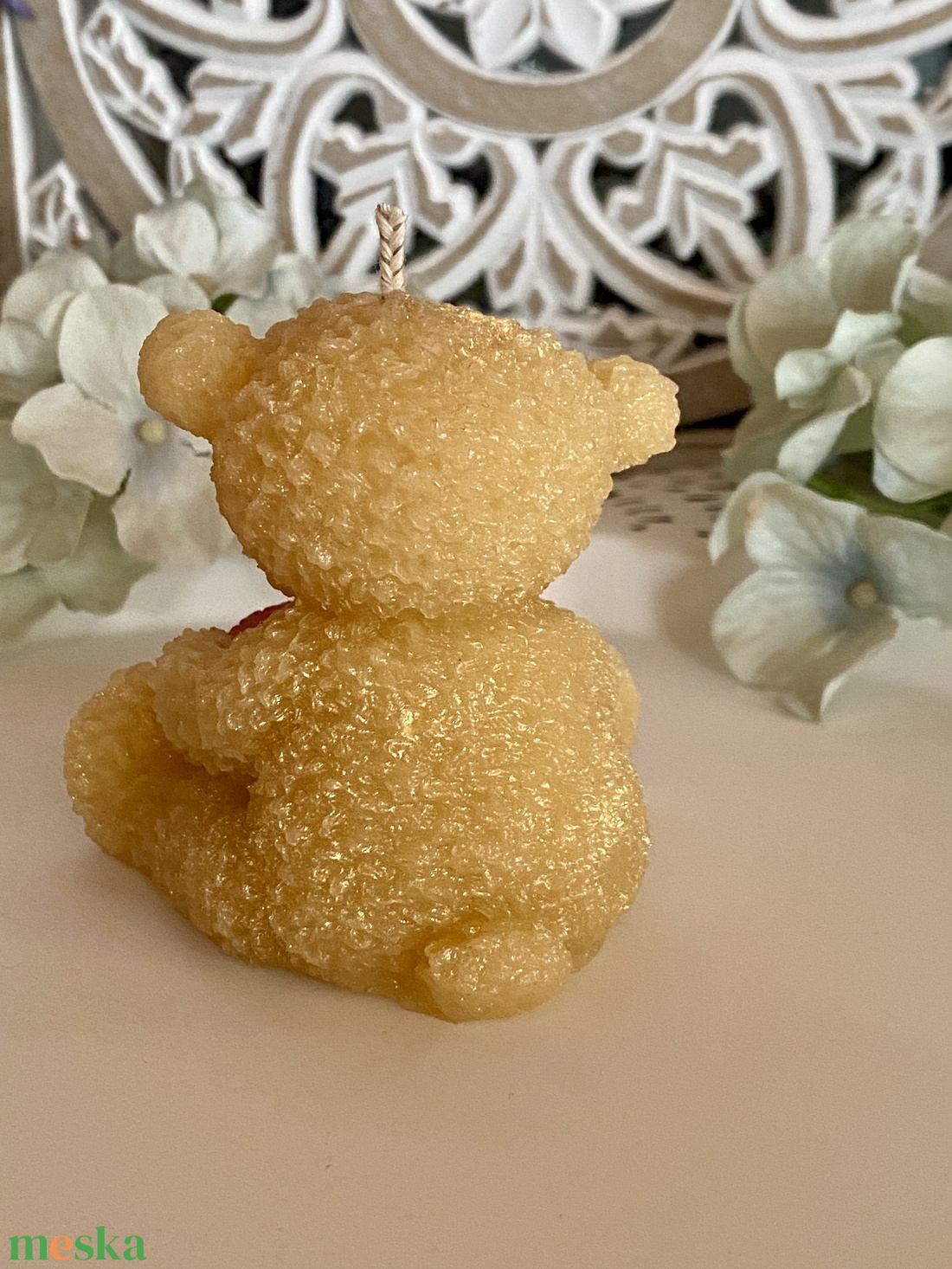 Méhviasz gyertya-Teddy maci pink szívvel - esküvő - dekoráció - gyertya & gyertyatartó - Meska.hu