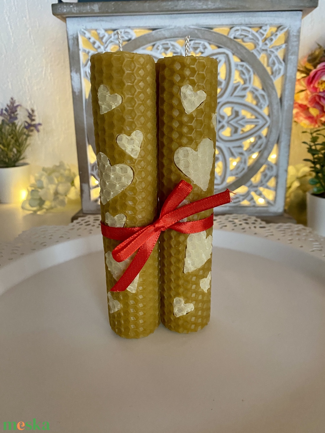 Méhviasz gyertya-Szivecskés páros gyertya - esküvő - dekoráció - gyertya & gyertyatartó - Meska.hu