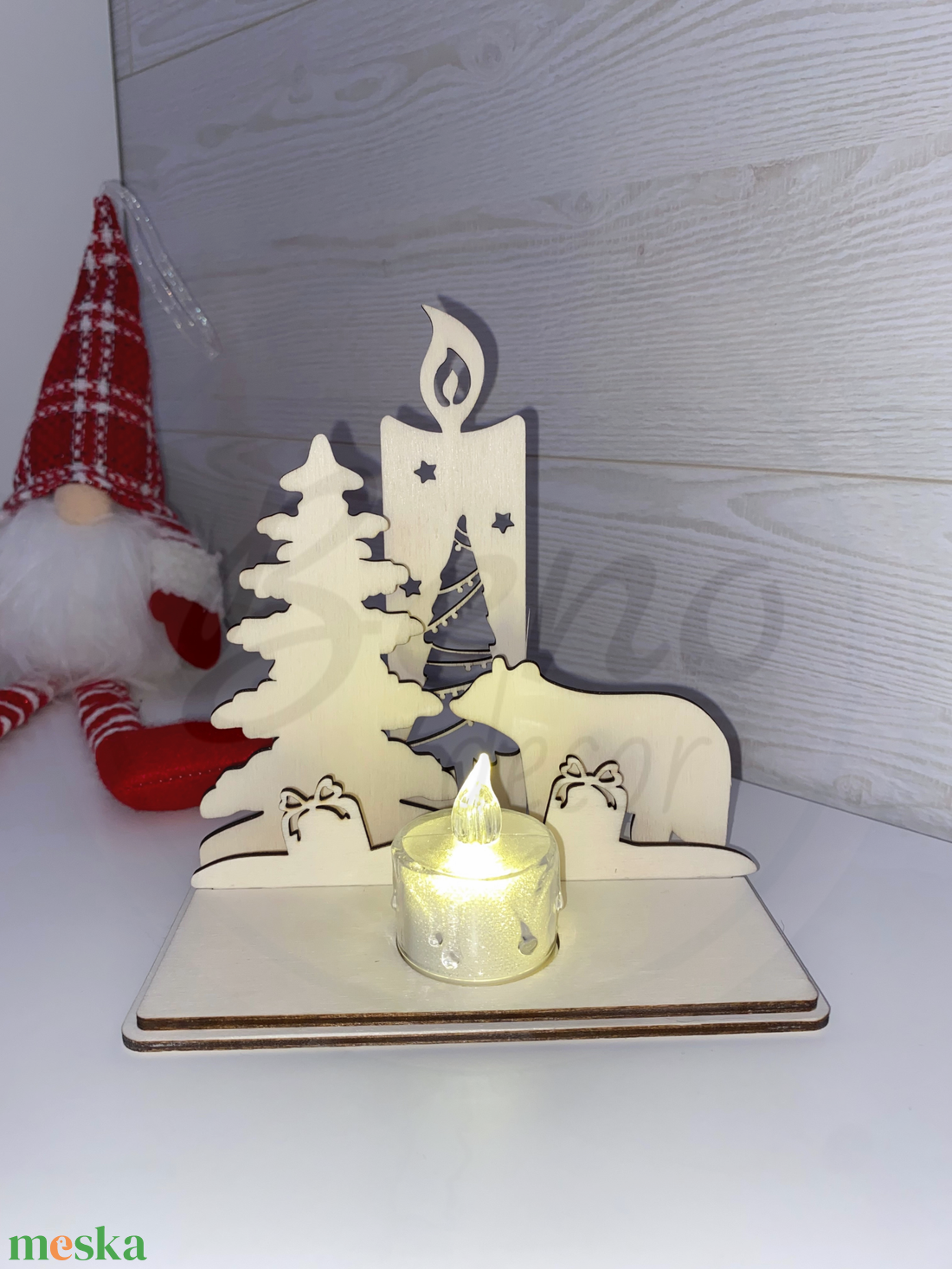 Karácsonyi dekoráció - gyertya, fenyőfa és jegesmedve - karácsony - karácsonyi lakásdekoráció - karácsonyi lakásdíszek - Meska.hu