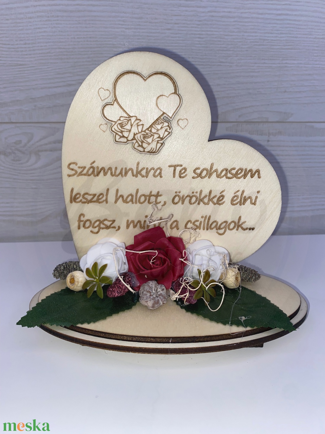 Kegyeleti szív dísz  Számunkra Te sohasem leszel halott felirattal, bordó és fehér rózsákkal - otthon & életmód - vallás - temetkezési tárgy - Meska.hu