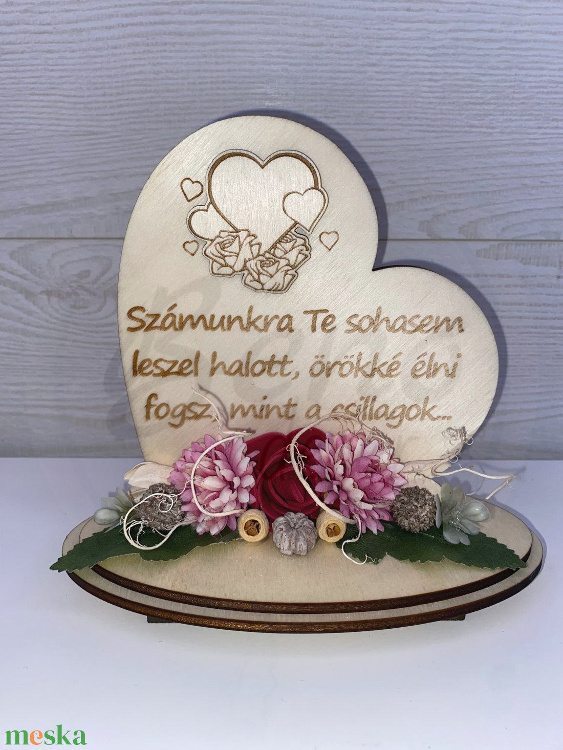 Kegyeleti szív dísz  Számunkra Te sohasem leszel halott felirattal, bordó és rózsaszín virágkompozícióval - otthon & életmód - vallás - temetkezési tárgy - Meska.hu
