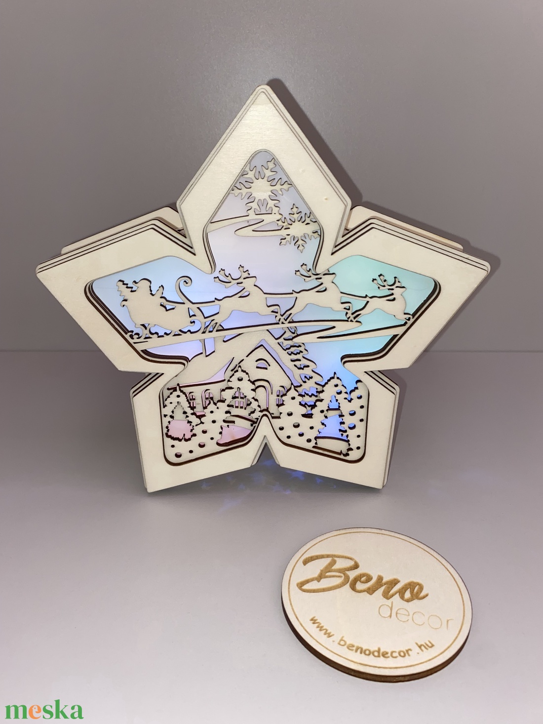 Világító fa csillag dísz  rénszarvasos téli jelenet - karácsony - karácsonyi lakásdekoráció - karácsonyi fénydekoráció - Meska.hu