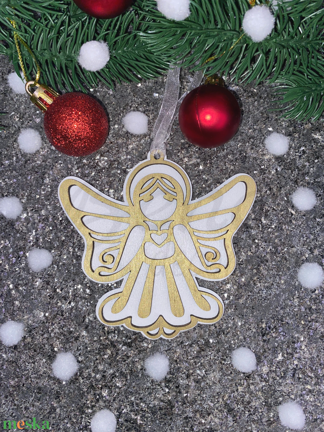 Fából készült arany-fehér angyal karácsonyfadísz - karácsony - karácsonyi lakásdekoráció - karácsonyfadíszek - Meska.hu