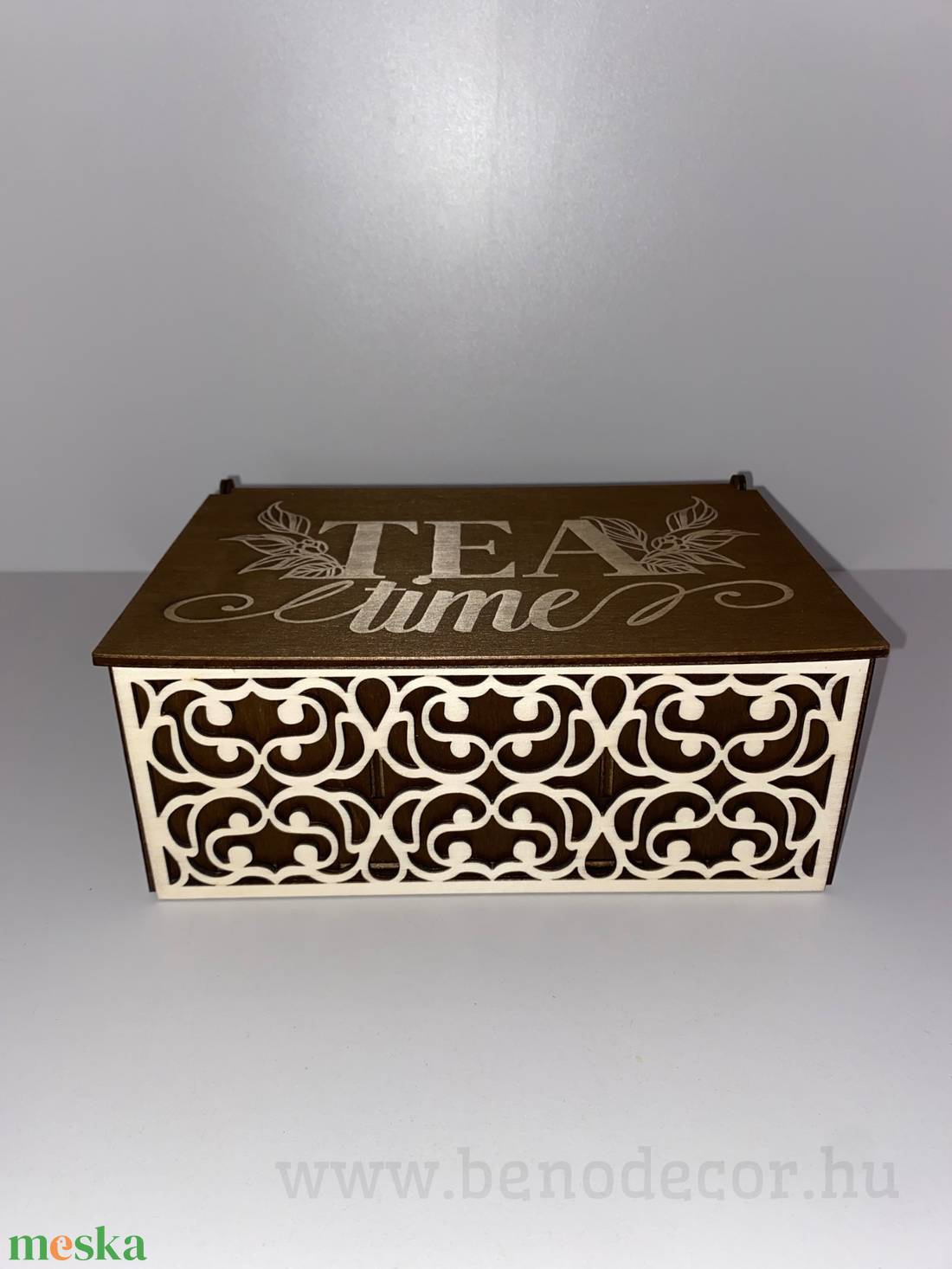 Tea Time fa teásdoboz 3 rekeszes díszes mintával - otthon & életmód - konyhafelszerelés, tálalás - konyhai tárolás - tea & kávé tárolás - Meska.hu