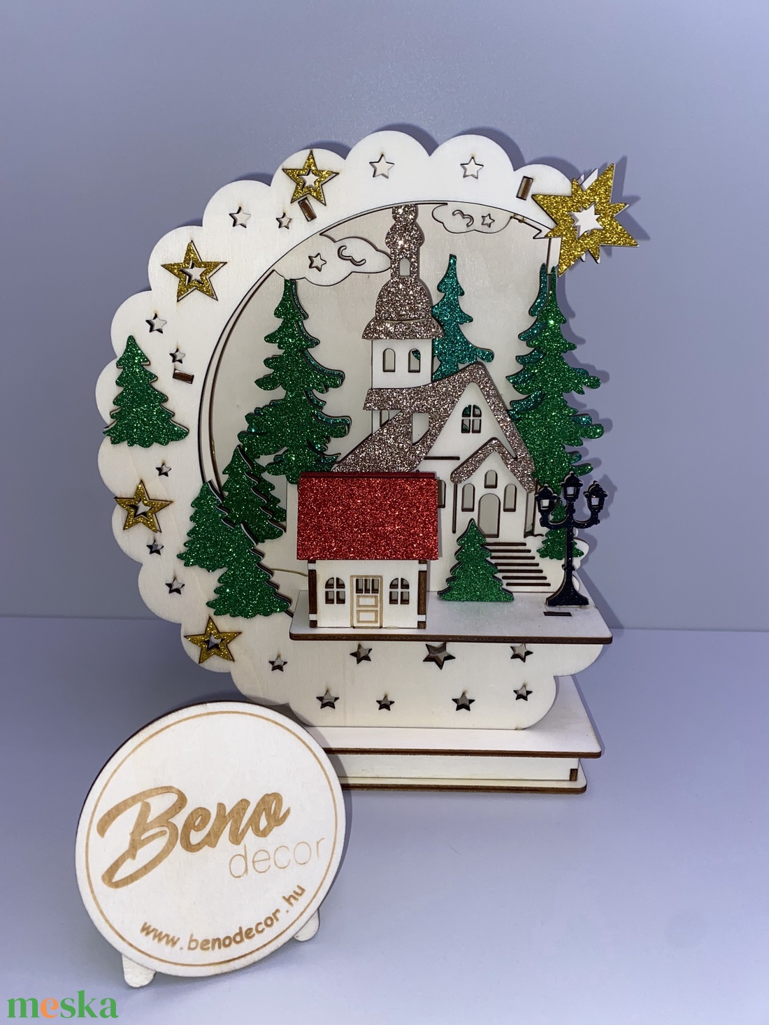 Karácsonyi falu templommal � csillogó, világító dísz - karácsony - karácsonyi lakásdekoráció - karácsonyi lakásdíszek - Meska.hu
