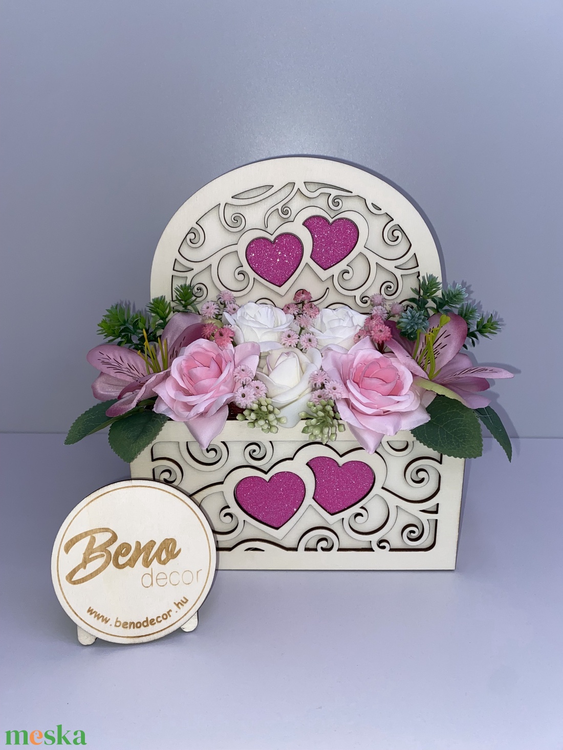 Szíves virágos fa dekor doboz - otthon & életmód - dekoráció - asztal és polc dekoráció - asztaldísz - Meska.hu