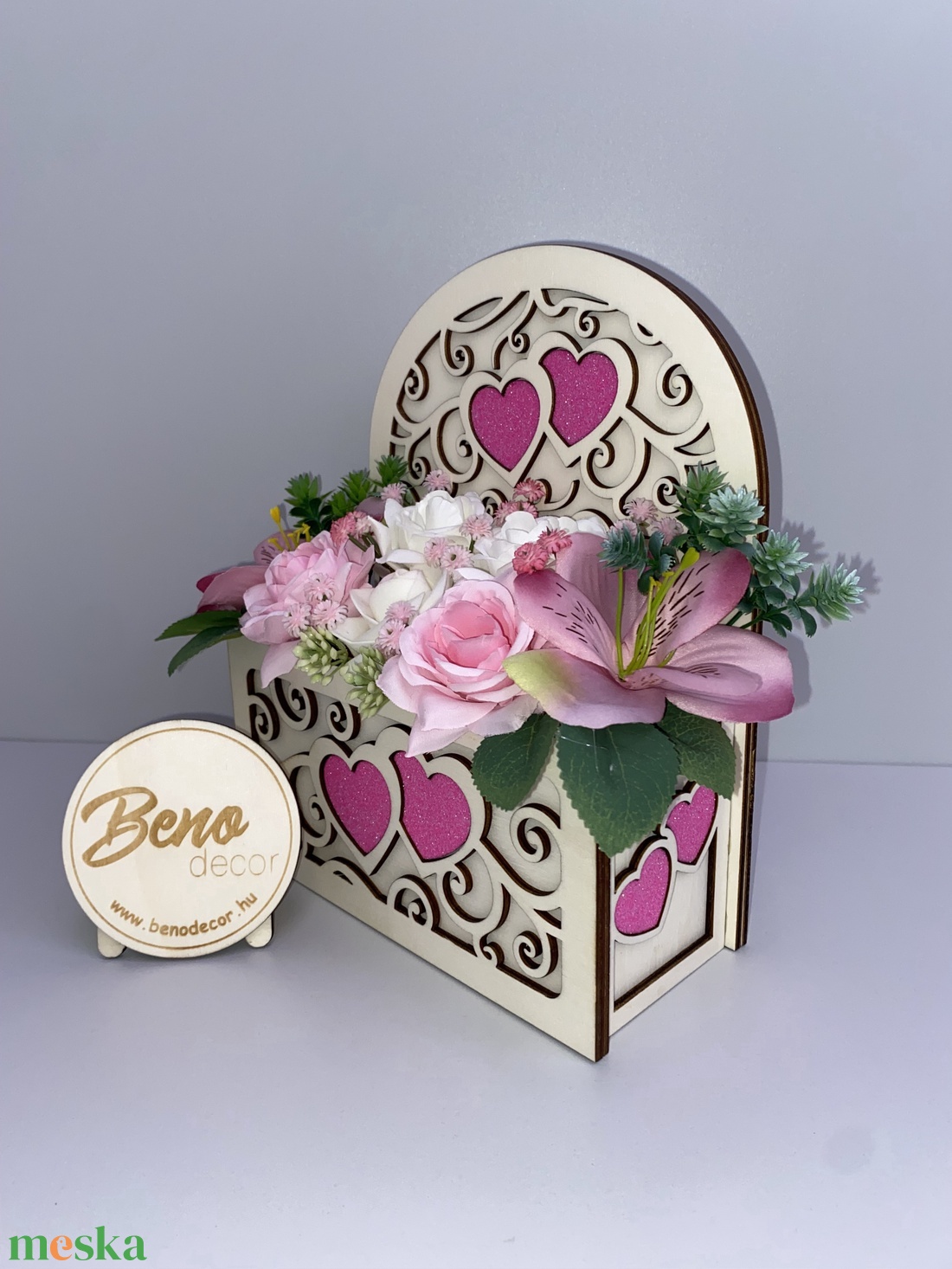 Szíves virágos fa dekor doboz - otthon & életmód - dekoráció - asztal és polc dekoráció - asztaldísz - Meska.hu