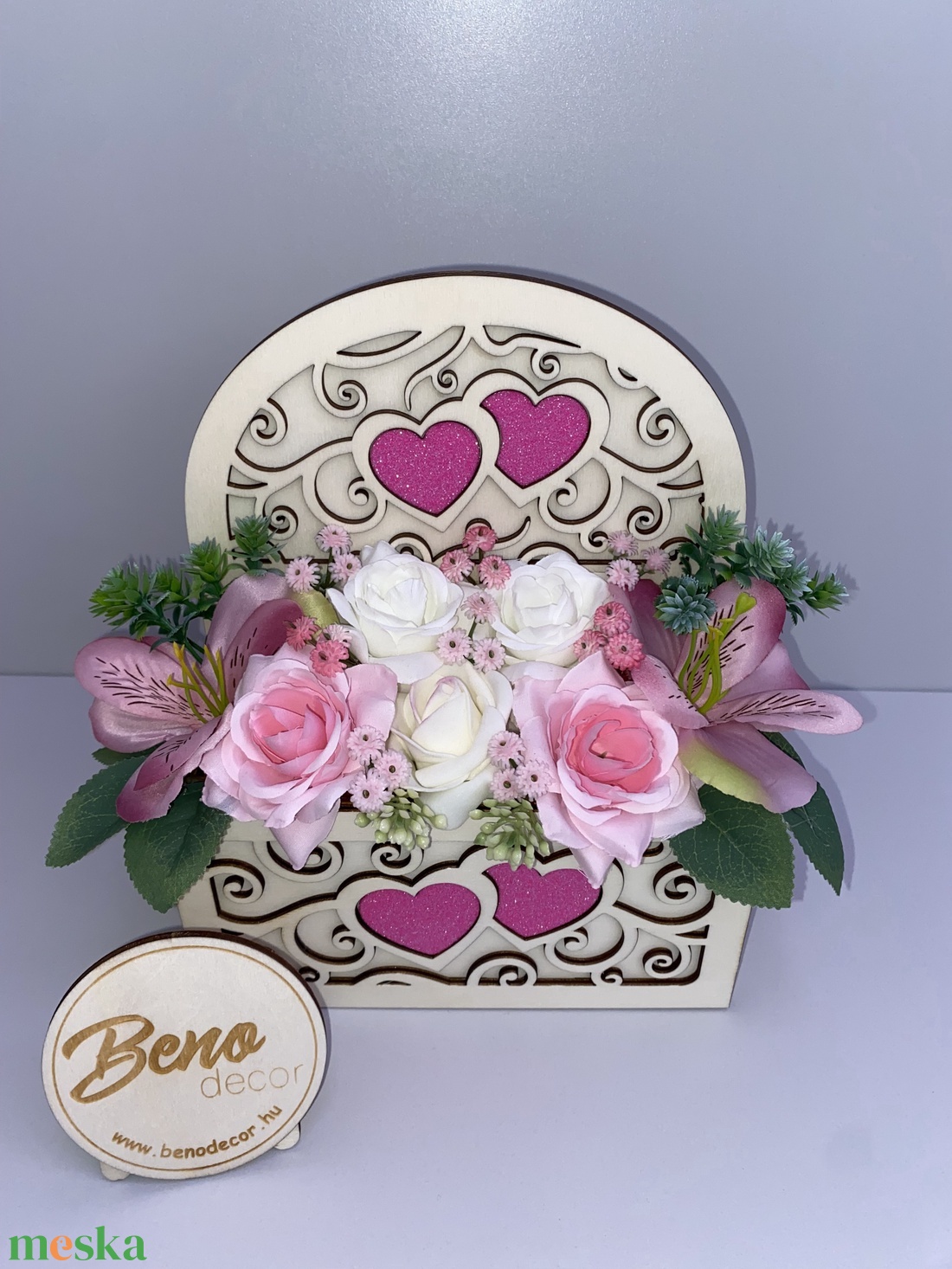 Szíves virágos fa dekor doboz - otthon & életmód - dekoráció - asztal és polc dekoráció - asztaldísz - Meska.hu