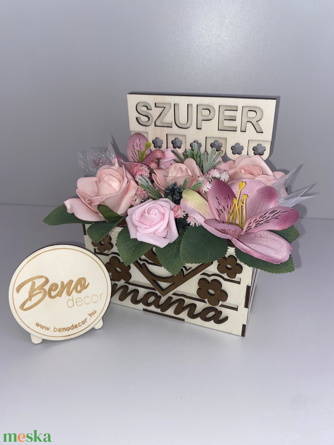 Szuper Mama virágbox � rózsaszín virágokkal - otthon & életmód - virágdekoráció - virágdíszek - virágdísz kaspóban - Meska.hu