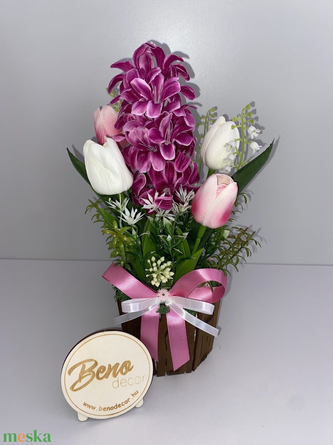 Tavaszi virágkompozíció kaspóban � pink jácintos tulipános dekoráció - otthon & életmód - virágdekoráció - virágdíszek - virágdísz kaspóban - Meska.hu