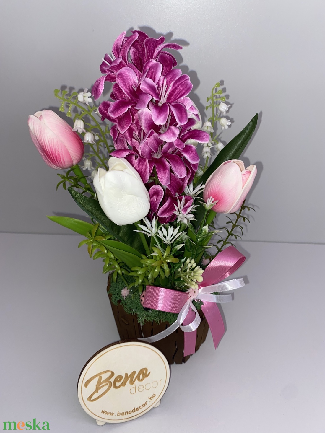 Tavaszi virágkompozíció kaspóban � pink jácintos tulipános dekoráció - otthon & életmód - virágdekoráció - virágdíszek - virágdísz kaspóban - Meska.hu