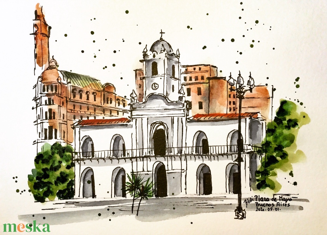 Plaza de Mayo, Buenos Aires - művészet - festmény - akvarell - Meska.hu