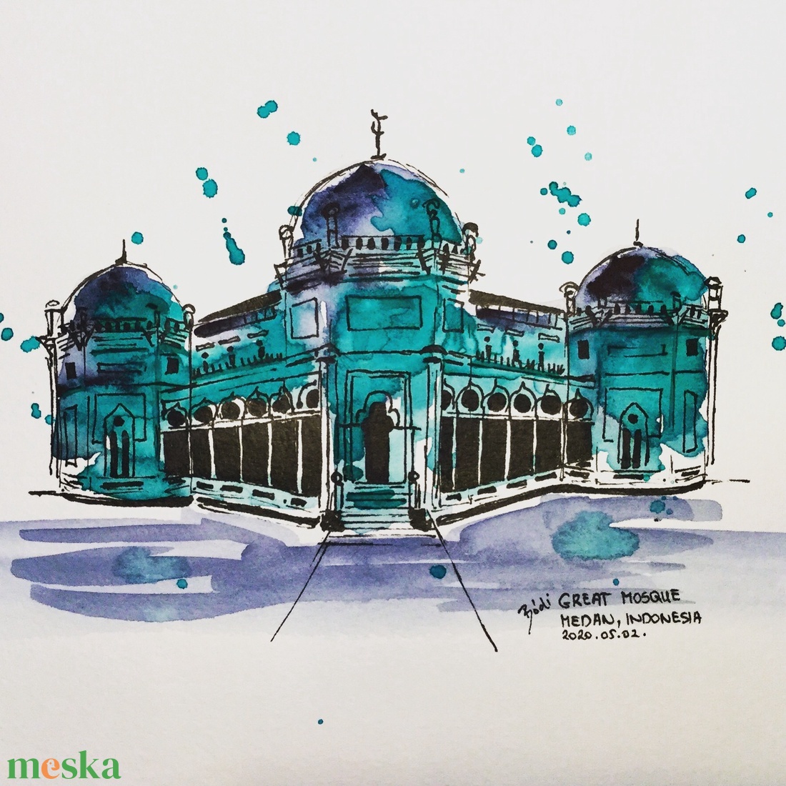 Great Mosque, Medan, Indonesia - művészet - festmény - akvarell - Meska.hu