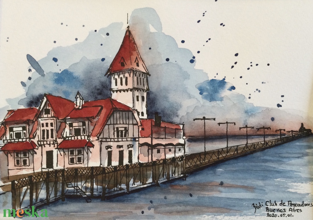 Club de Pescadores, Buenos Aires - művészet - festmény - akvarell - Meska.hu