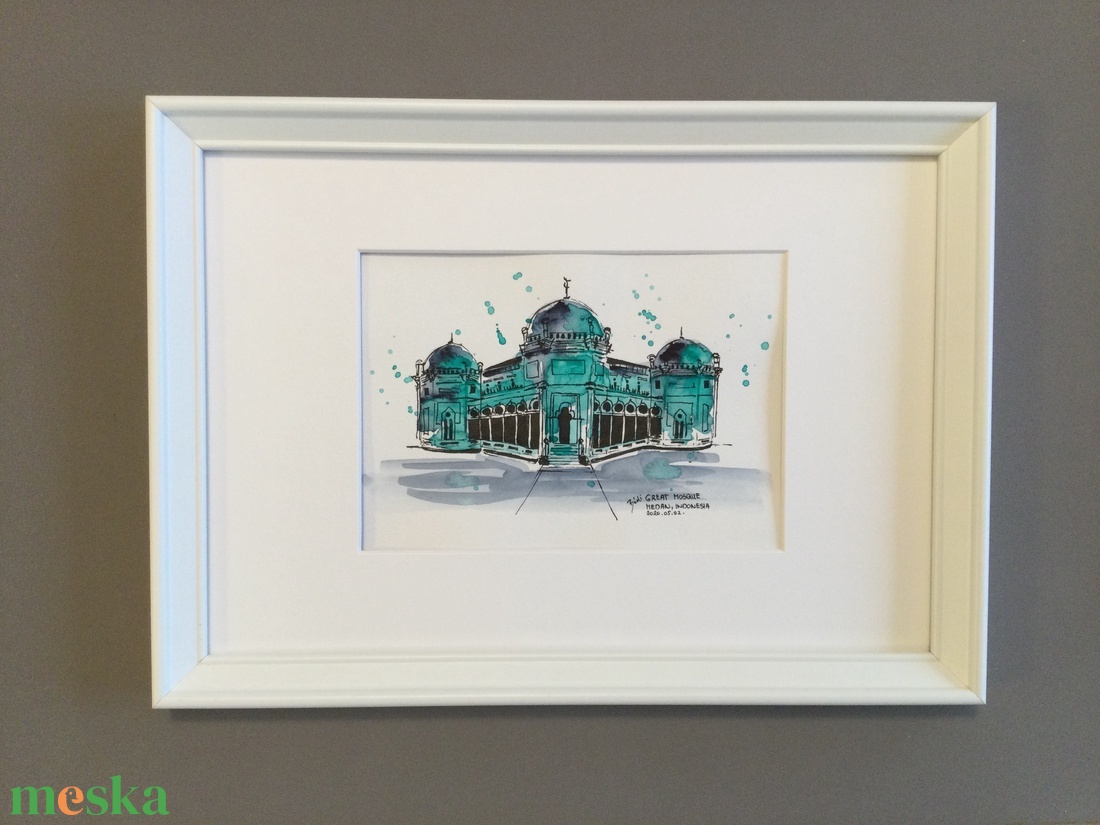 Great Mosque, Medan, Indonesia - művészet - festmény - akvarell - Meska.hu