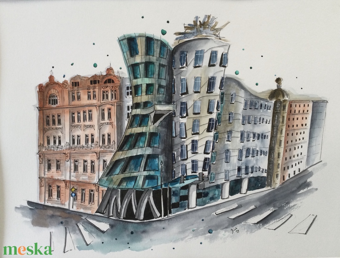 Prague, dancing house - művészet - festmény - akvarell - Meska.hu