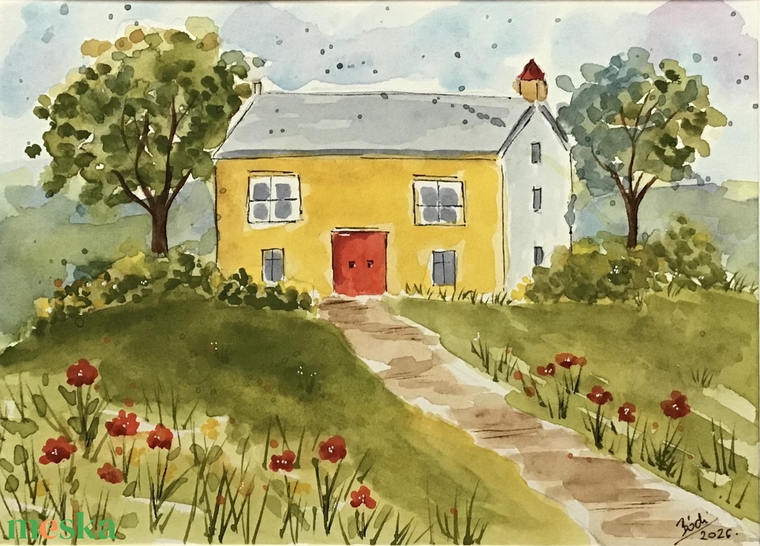 Ház tavaszi virágokkal  - művészet - festmény - akvarell - Meska.hu