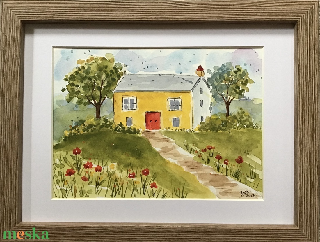 Ház tavaszi virágokkal  - művészet - festmény - akvarell - Meska.hu