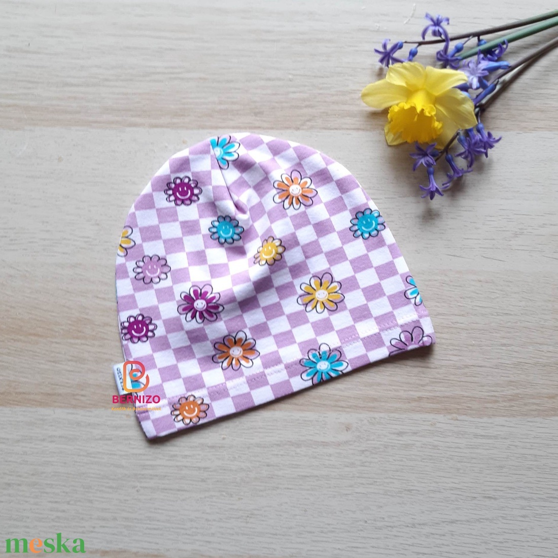 Kockás virágos beanie sapka - ruha & divat - sál, sapka, kendő - sapka - Meska.hu
