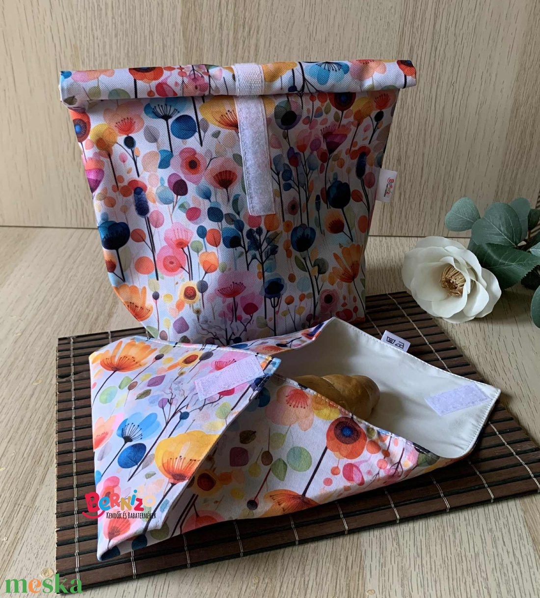 Nyári virágos újraszalvéta-uzsonnás zsák szett - táska & tok - uzsonna- & ebéd tartó - szendvics csomagoló - Meska.hu