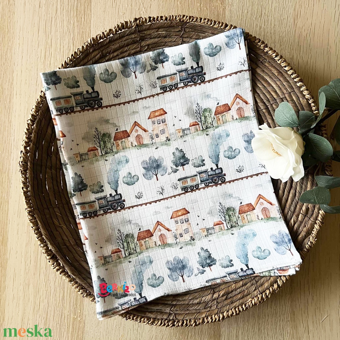 Vonatos bambusz muszlin textilpelenka - baba - mama - pelenkázó, babafürdető kellékek - pelenka - Meska.hu