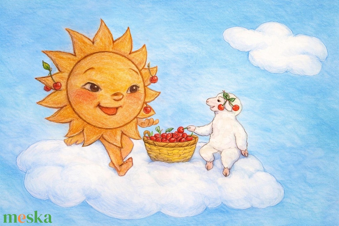 Napocska és bárányka cseresznyéznek - mesés hangulatú, vidám rajz, gyerekszobába (letölthető/digitális) - baba - mama - babaszoba dekoráció - babaszoba kép - Meska.hu