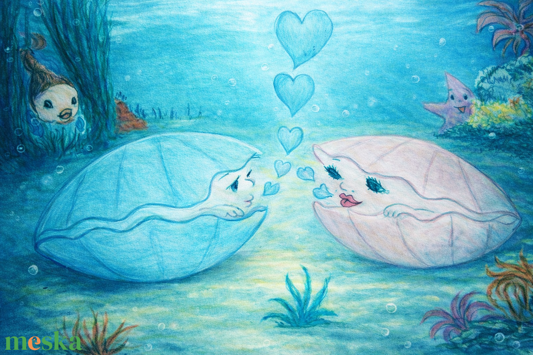 Szerelmes kagylók - mesés hangulatu rajz gyerekszobába, letölthető - művészet - grafika & illusztráció - ceruzarajz - Meska.hu