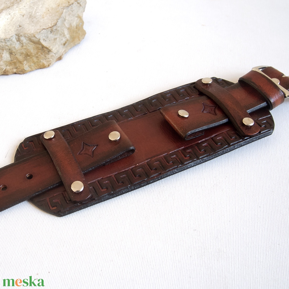 Férfi marhabőr óraszíj, Görög mintás óraszíj férfiaknak, Kézműves óraszíj - ékszer - karóra és ékszeróra - óraszíj - Meska.hu