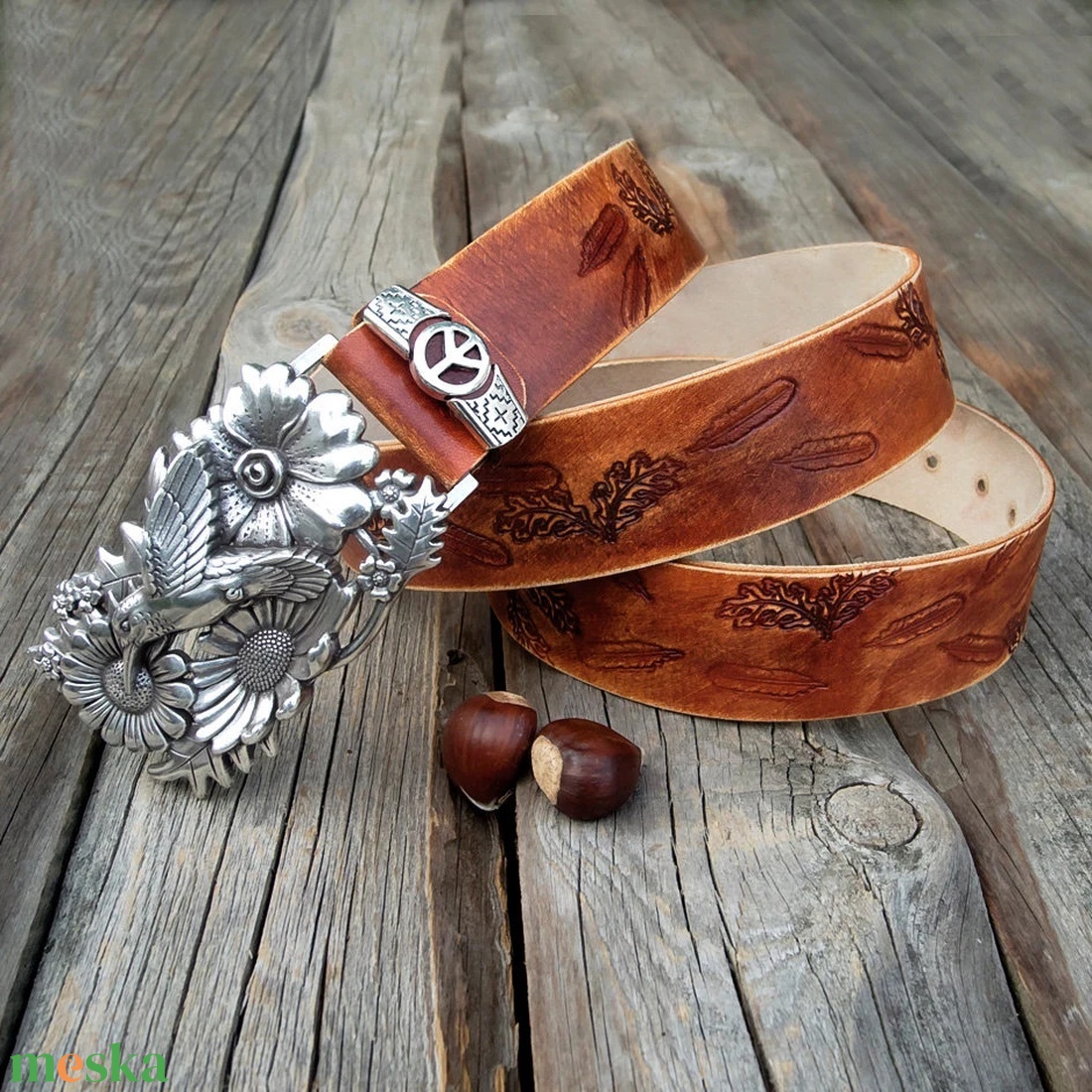 Kolibri csatos uniszex marhabőr öv, Uniszex farmeröv kézműves kolibri csattal - ruha & divat - öv & övcsat - öv - Meska.hu