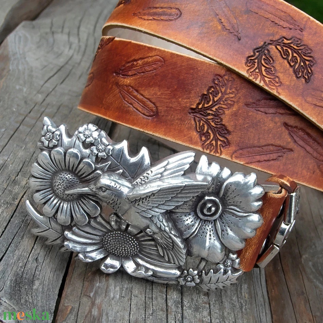 Kolibri csatos uniszex marhabőr öv, Uniszex farmeröv kézműves kolibri csattal - ruha & divat - öv & övcsat - öv - Meska.hu