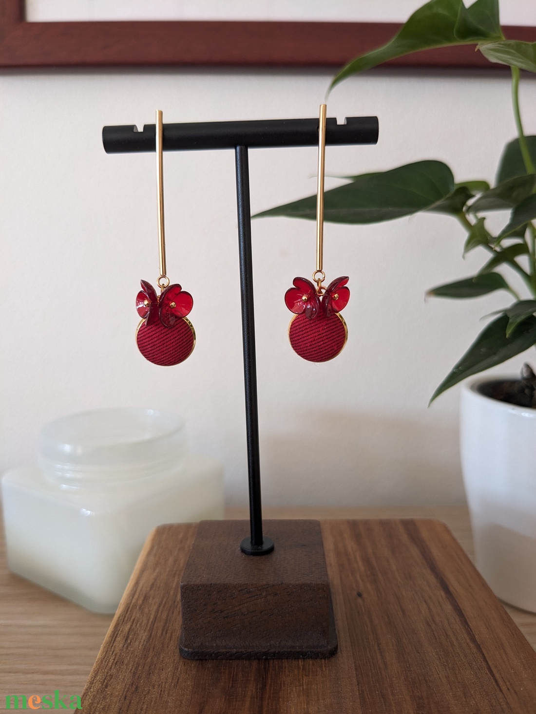 Piros kétvirágos bedugós fülbevaló - ékszer - fülbevaló - lógó fülbevaló - Meska.hu