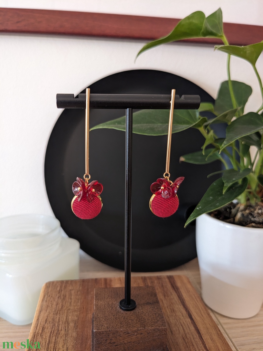 Piros kétvirágos bedugós fülbevaló - ékszer - fülbevaló - lógó fülbevaló - Meska.hu