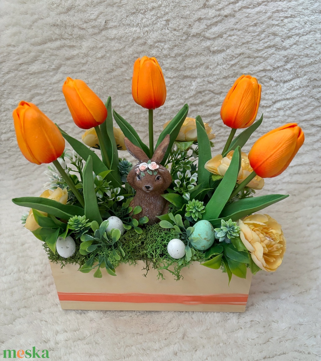 Tavaszi nyuszis asztaldísz  - ünnepi díszek, dekorációk - húsvéti díszek és dekorációk - húsvéti virágos díszek - Meska.hu