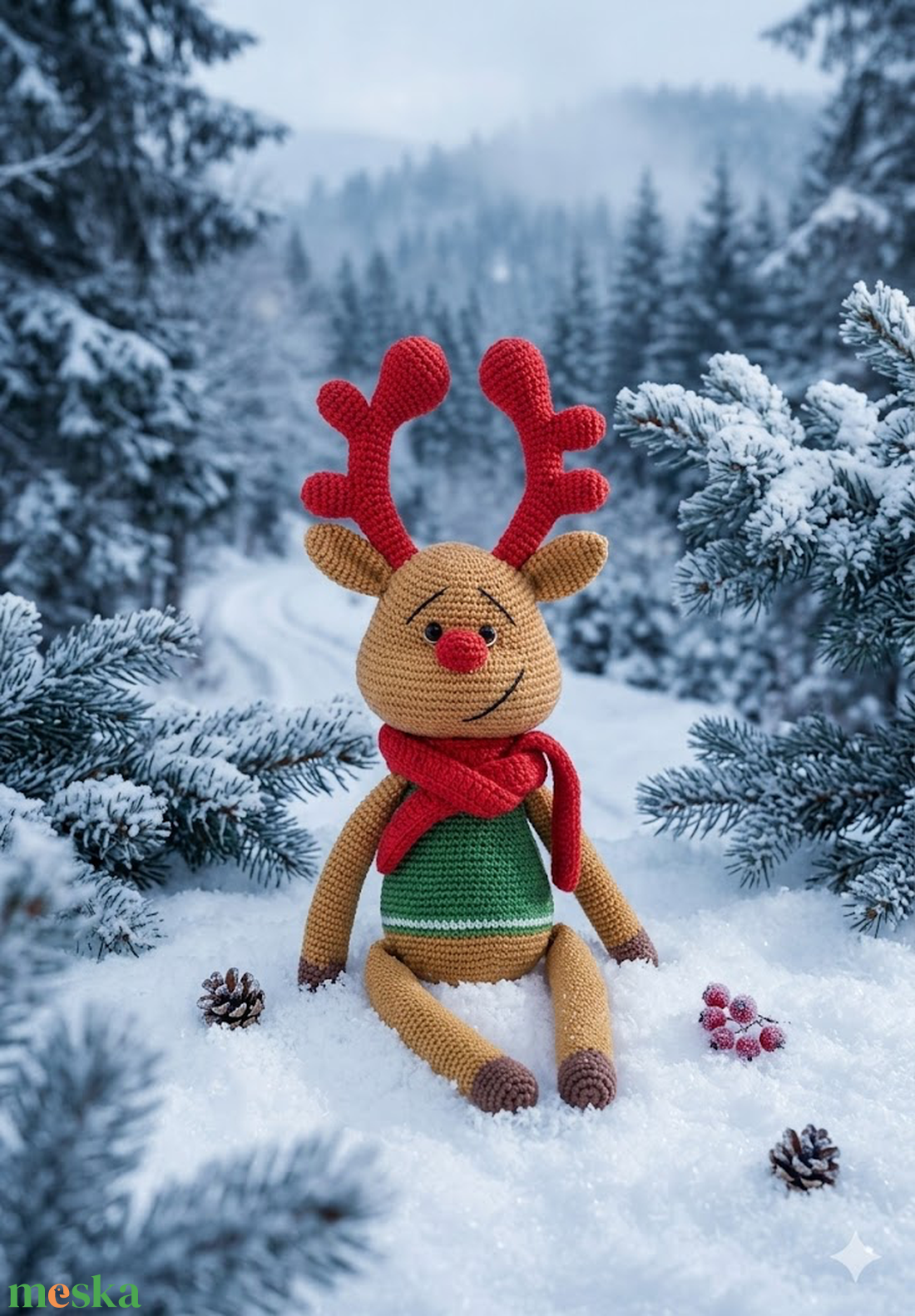 Téli pajtás Amigurumi rénszarvas piros sállal - játék & sport - plüssállat & játékfigura - őzike, szarvas - Meska.hu