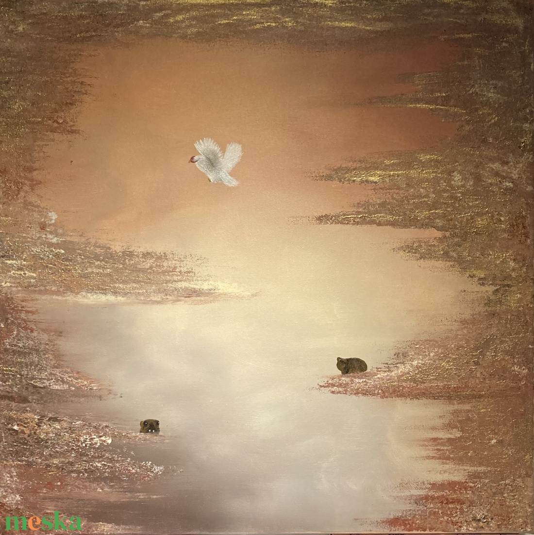 Absztrakt dekor festmény - vicces állatok; barnás, bézses, arany színek - művészet - festmény - akril - Meska.hu