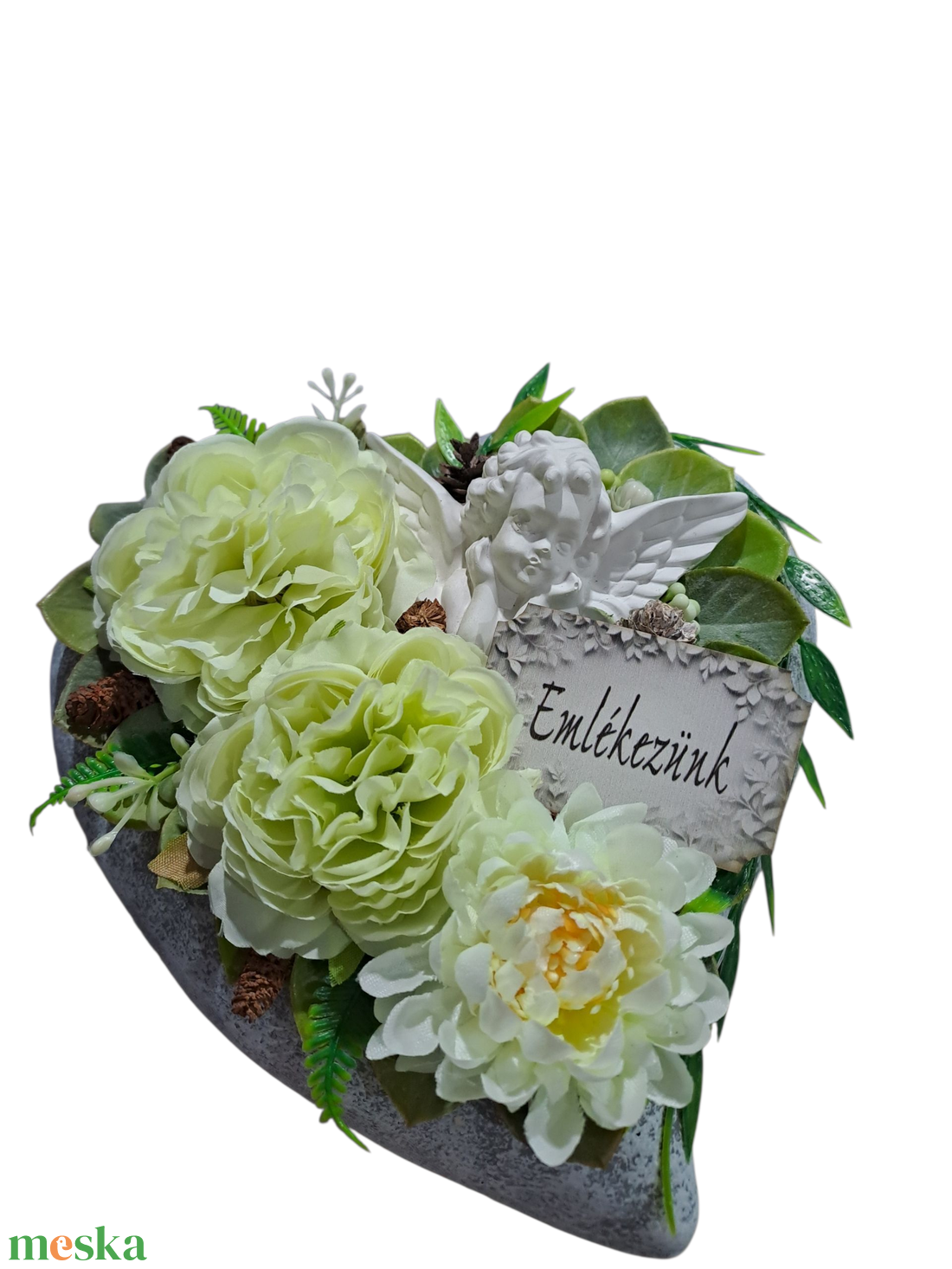 Kőszív angyalkával,krizantémmal - otthon & életmód - vallás - temetkezési tárgy - sírdísz, kegyeleti dísz - Meska.hu