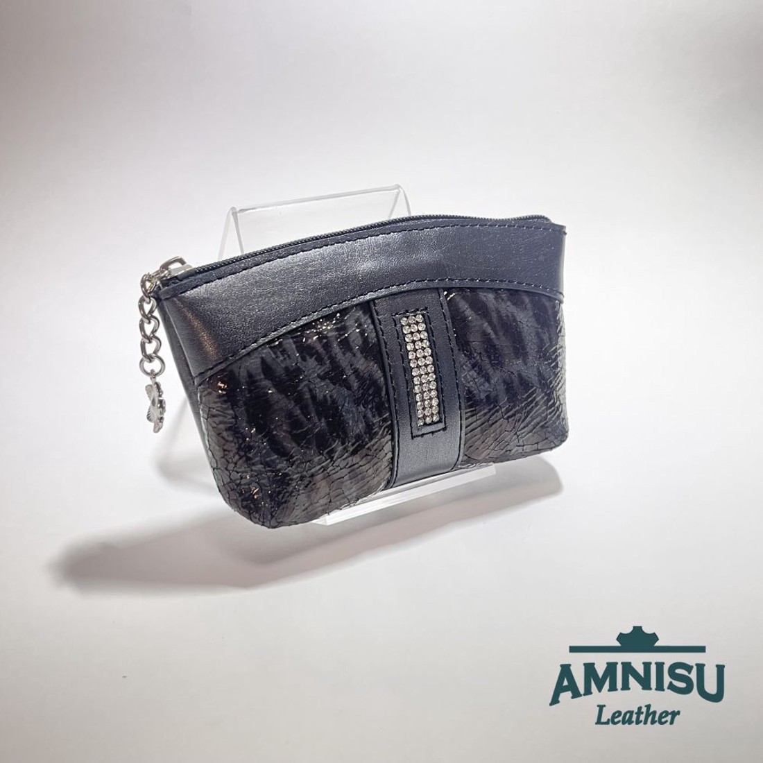 Sötét ezüst - párduc mintás egy cipzáras egyenes swarovski köves kulcstartó E8001 - táska & tok - kulcstartó & táskadísz - kulcstartó - Meska.hu