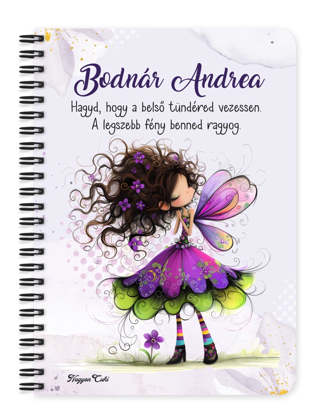 Személyre szabható - Kedves ibolya virágos tündér mintás A5-ös füzet - otthon & életmód - papír, írószer - jegyzetfüzet & napló - Meska.hu