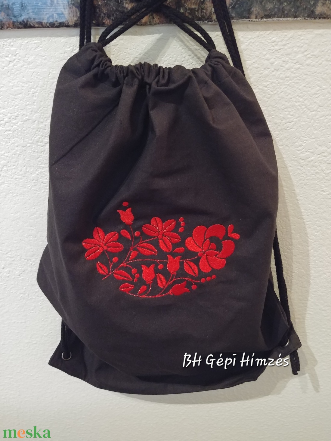 Vászon Húzózsinóros Hátizsák Népművészeti Matyó Design Gépi Hímzéssel - táska & tok - hátizsák - hátizsák - Meska.hu