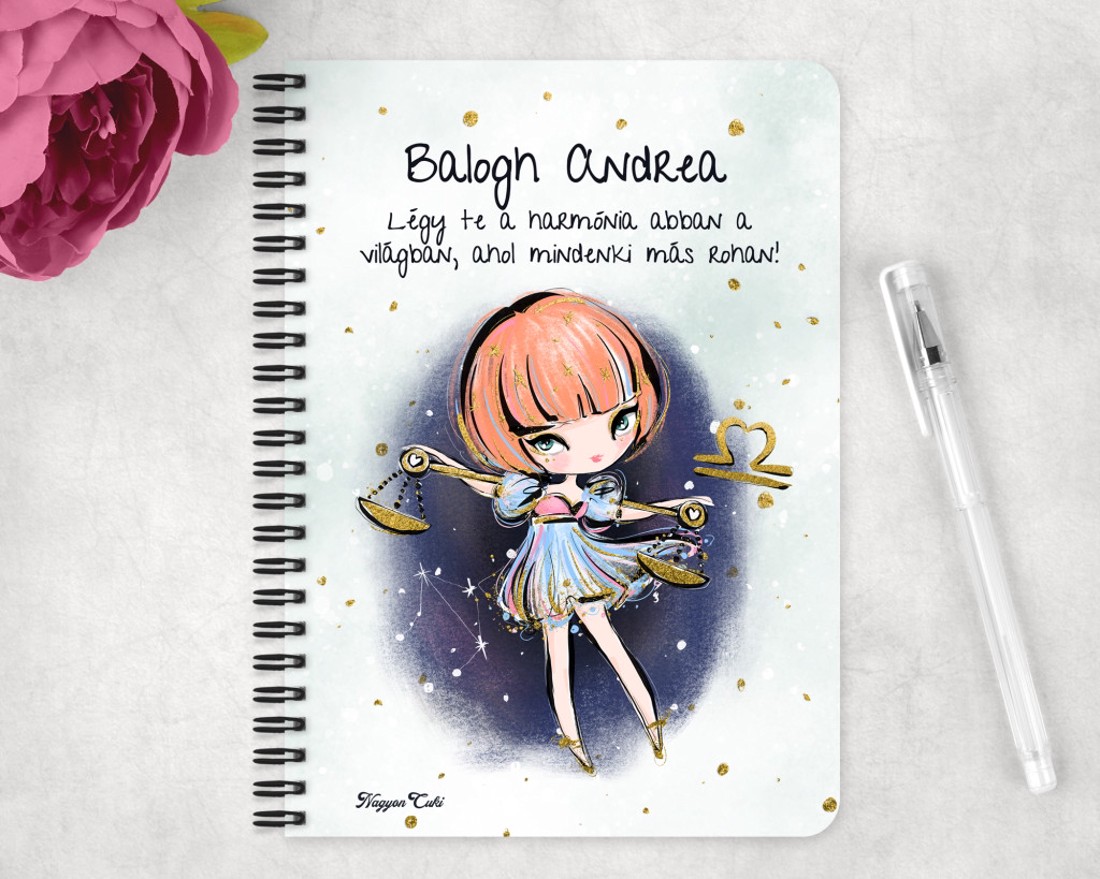 Személyre szabható - Vörös hajú Csini Mérleg lány mintás A5-ös füzet - otthon & életmód - papír, írószer - jegyzetfüzet & napló - Meska.hu