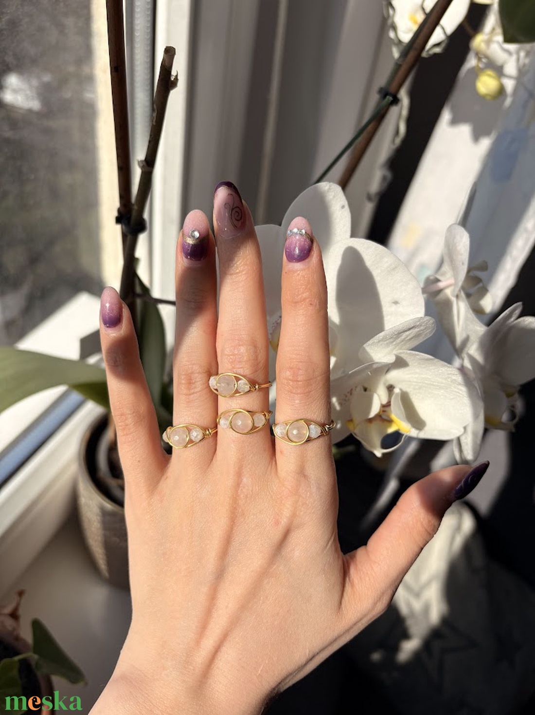 Sárgaréz gyűrű rózsakvarccal és hegyikristállyal � romantikus tavaszi ásványékszer - ékszer - gyűrű - vékony gyűrű - Meska.hu