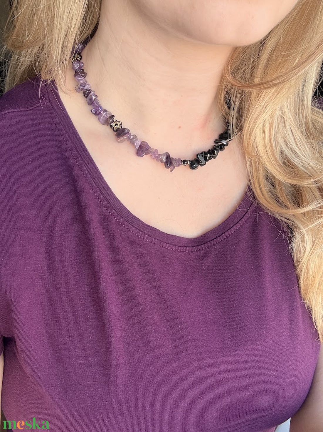 Ametiszt�Obszidián ásvány nyaklánc virág díszekkel � elegáns kézműves női ékszer - ékszer - nyaklánc - gyöngyös nyaklánc - Meska.hu