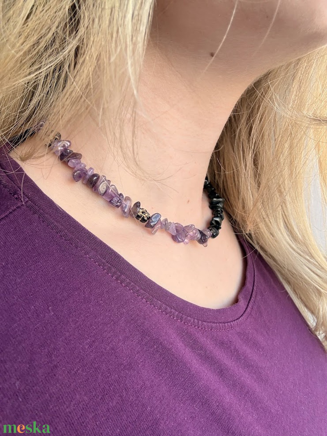 Ametiszt�Obszidián ásvány nyaklánc virág díszekkel � elegáns kézműves női ékszer - ékszer - nyaklánc - gyöngyös nyaklánc - Meska.hu