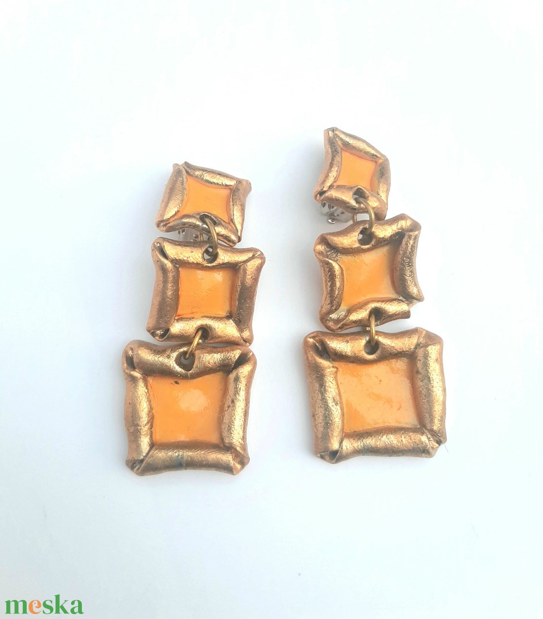  Arany-napsárga 3 négyzetes klipsz - ékszer - fülbevaló - klipsz - Meska.hu