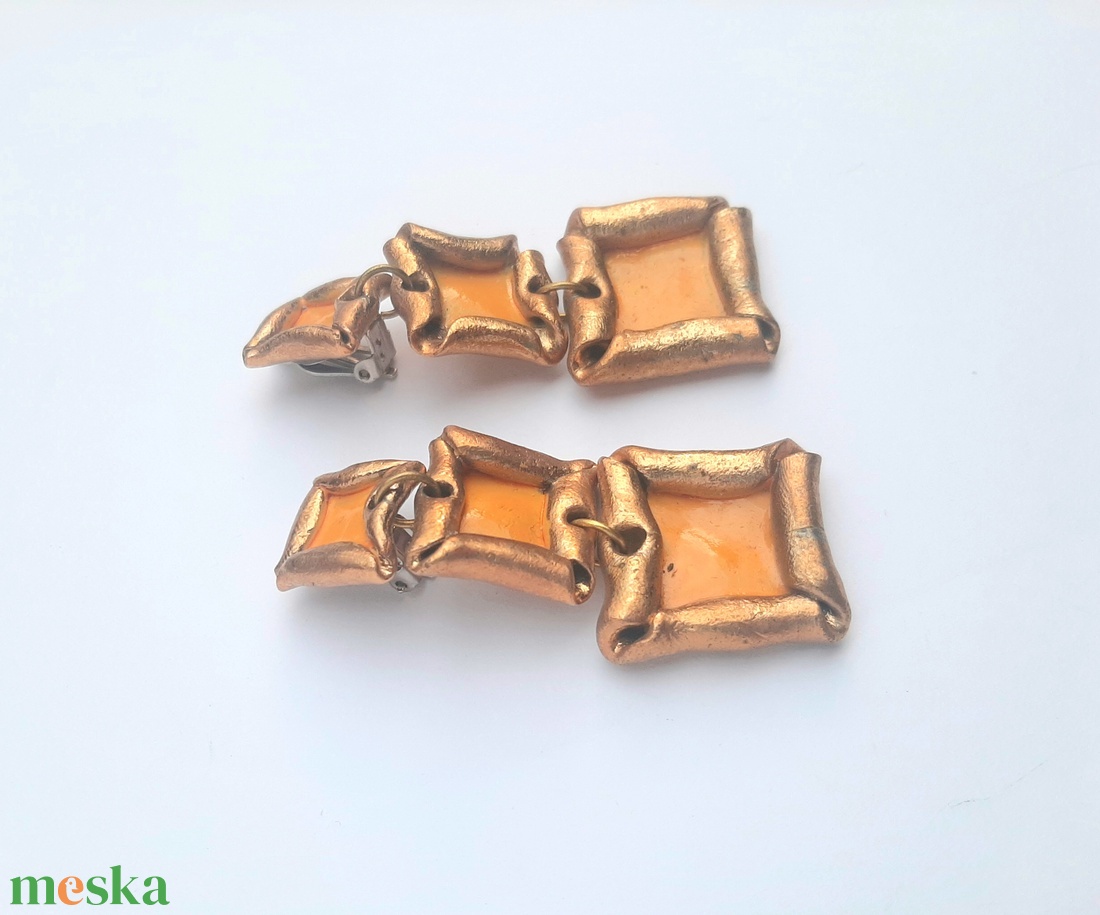  Arany-napsárga 3 négyzetes klipsz - ékszer - fülbevaló - klipsz - Meska.hu