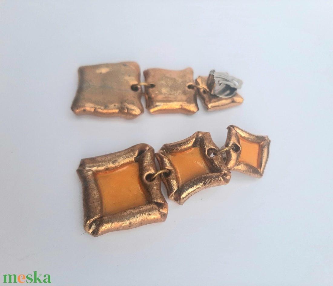  Arany-napsárga 3 négyzetes klipsz - ékszer - fülbevaló - klipsz - Meska.hu