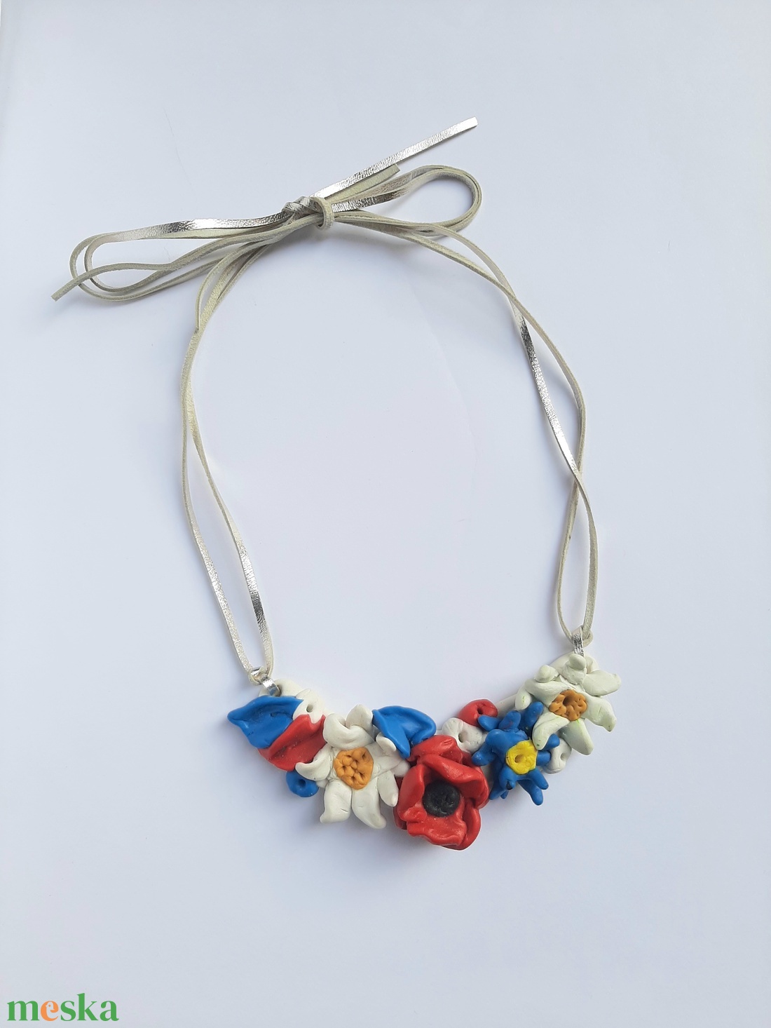 Bővített mezei csokor nyakék ezüst bőrszálon - ékszer - nyaklánc - statement nyaklánc - Meska.hu